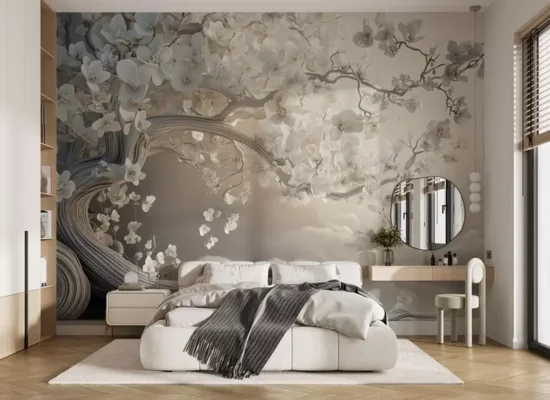 Elegant 3D Floral Tree Mural Bedroom Wallpaper in Dubai